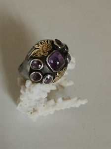 Bague ethnique en argent , or et améthyste. Mexique où Péru