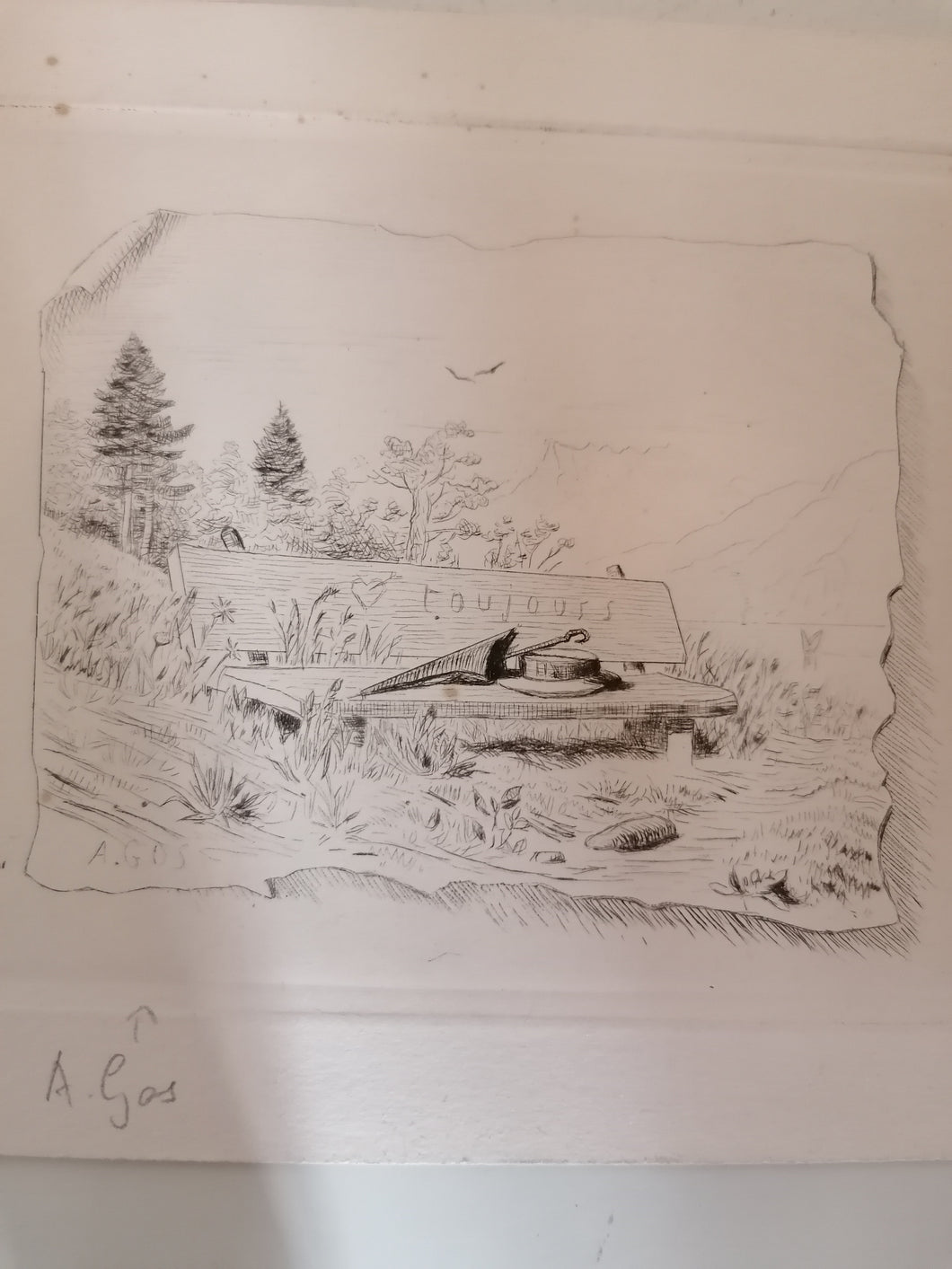 Gravure original signé Albert Gos, banc des amoureux avec vue sur lac de montagne